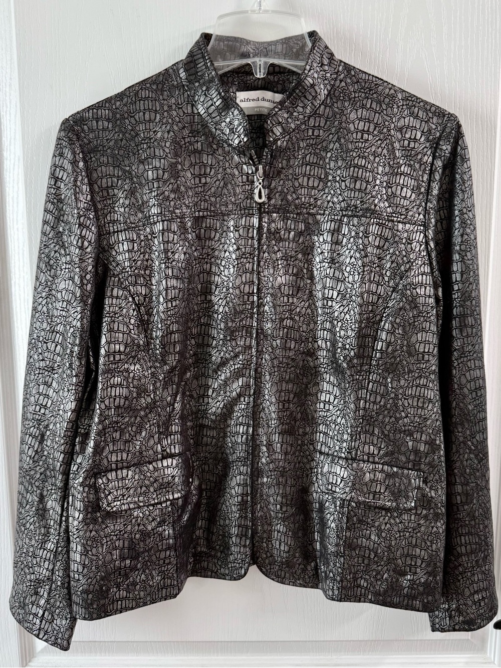 Alfred Dunner Metallic Croc-Print Silver-Black Zip Jacket